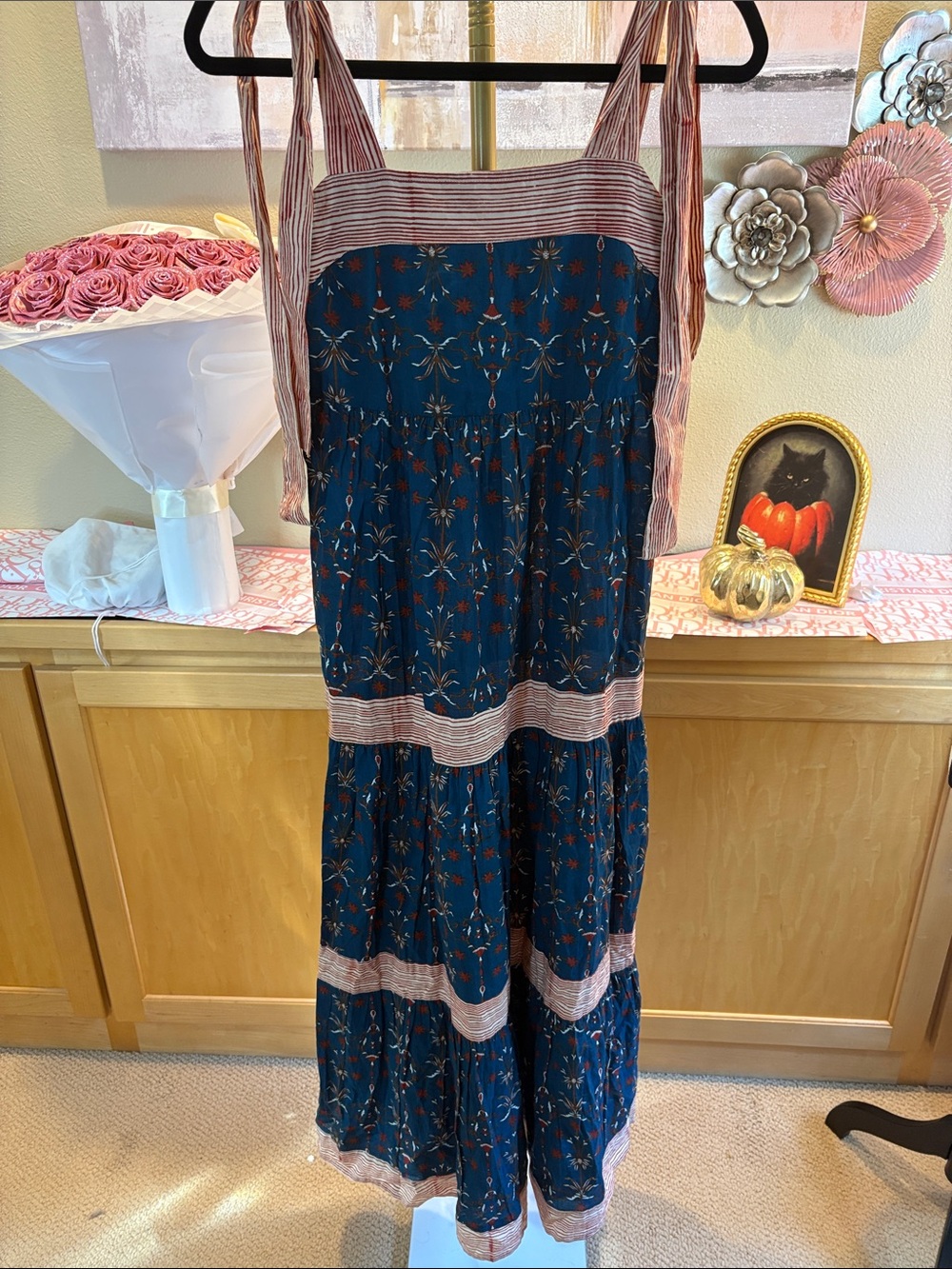 Anna Cate Floral Tiered Square Neck Maxi Dress Blue Red White XS